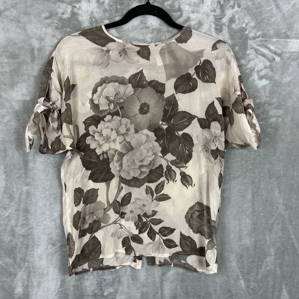 VTG Maurie Blouse Women's M Beige Floral Print Silk Blend Button Back Tie Sleeve